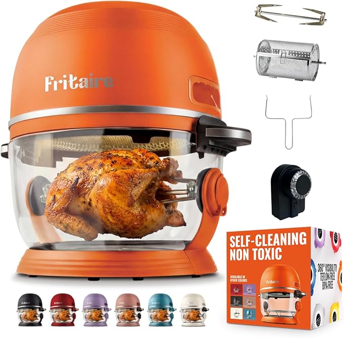 Non Toxic Air Fryer™ Pro | 9-in-1 Glass Air Fryer | Self-Cleaning | 5 Quart | Rotisserie and Tumbler | 400F Vortex For Even Cooking, BPA-Free Teflon Free, Recrisp, Roast, Bake, Orange