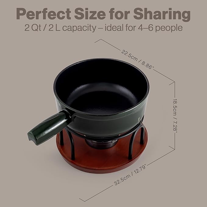 Swissmar Ticino Cast Iron Fondue Set with Enameled Interior, 2L / 2 QT – 9-Piece Cheese & Chocolate Fondue Pot with Forks, Burner & Beechwood Base – Perfect for Family Gatherings & Gift Giving – Green