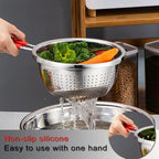 Stainless Steel Perforated Metal Colander Strainer with Long Red Handle Sieve Sifters Use for Kitchen Food Pasta Noodles Spaghetti Vegetables Silver - 10.24 inch (C072-Mer-26)