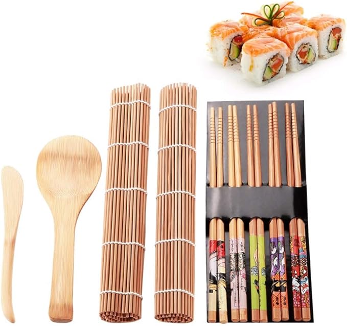 GLOGLOW Sushi Maker Set, Tool & Gadget Sets with Curtain Vane/Wing Spoon and 5 Pairs of Twisted Chopsticks, for Making Sushi At Home Maker Set, Rolling Mat Kits Making Kit (Assorted Color)