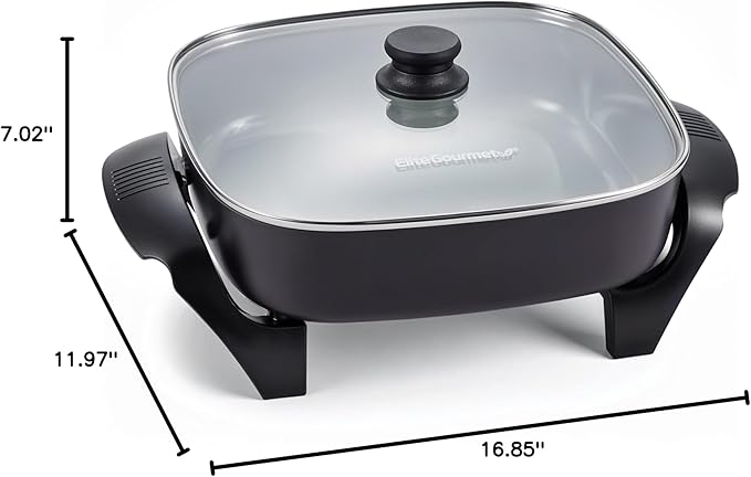 Elite Gourmet 12" x 12" x 3" Ceralast™ PFAS Free Ceramic Electric Skillet, Dishwasher Safe, Xtra Deep Dish, Rapid Heat 1200W, Black