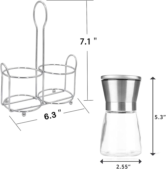 Premium Stainless Steel Salt and Pepper Grinder Set - Short Glass Shaker, Pepper Mill & Salt Mill with Adjustable Coarseness, Refillable for Himalayan or Sea Salt, Black Peppercorn, with Bonus Stand