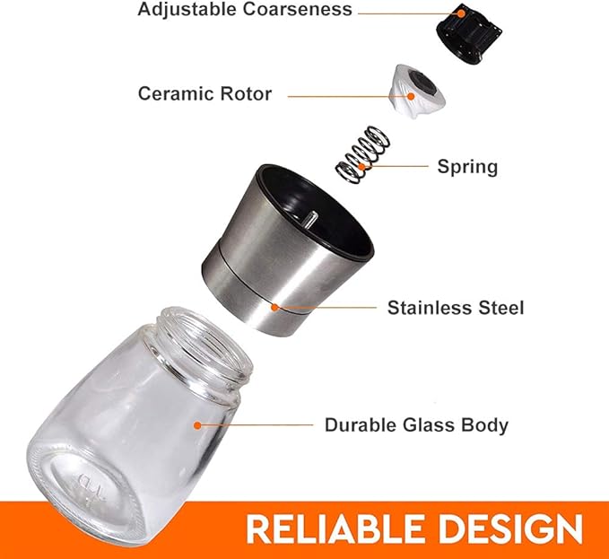 Salt and Pepper Grinder Short Size - Black Pepper,Herb Shakers Mill Refillable Manual - Stainless Steel Lid - Adjustable Coarseness - Glass Material- Fits in Home,Kitchen,Barbecue
