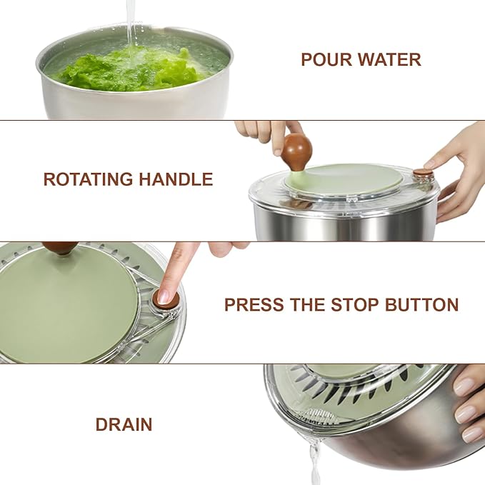 5.3Qt Stainless Steel Salad Spinner, Salad Spinner Stainless Steel With Stop Button & Drain Hole, Non-Slip Base, Vegetable Spinner Dryer, Dishwasher Safe For Kitchen