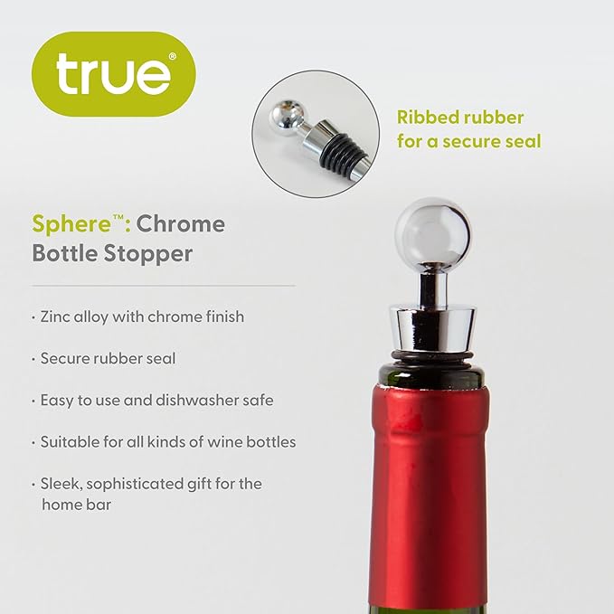 True Sphere Reusable Wine Stopper, Zinc Alloy with Chrome Finish Bottle Stoppers for Wines, Home Bar Accessories, Restaurants, Bars, Travel, Set of 1