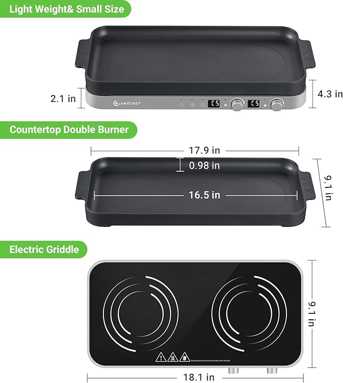 AMZCHEF Double Induction Cooktop with Removable Griddle Pan Non-stick, 1800W 2 burner Portable Induction Stove With Sensor Touch 9 Power Levels, 99 Min Timer, Iron Grey