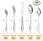 HIKAA 60-Piece Silverware Set for 12, 18/10 stainless Steel Flatware Set, Mirror Polished Cutlery Set, Dishwasher Safe Utensils for Home, Restaurant, Wedding Gift