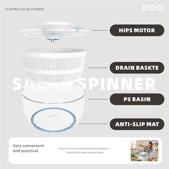 Subbuteo Electric Salad Spinner 4Qt – Rechargeable Lettuce Washer & Vegetable Dryer with 2+ Month Battery Life, Type-C, Detachable Parts, Spin Dry Kitchen Gadget for Greens Herbs Berries