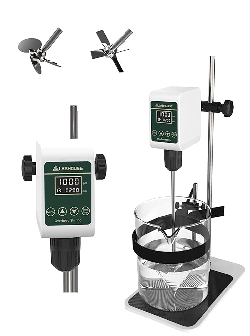 OS-5S Digital Overhead Stirrer 10L(H₂O) Lab Stirrer Flat-Base Stainless Steel Stand & 2 Stirring Paddles & Beaker Holder | 100-1200RPM,10000 mPas,Timing 1min-24h