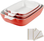Ceramic Casserole Dishes Set of 3, Stoneware Baking Pans for Oven, Rectangular Lasagna Dish & Bakeware Set, Red (14.7’’/12.4’’/10.3’’)