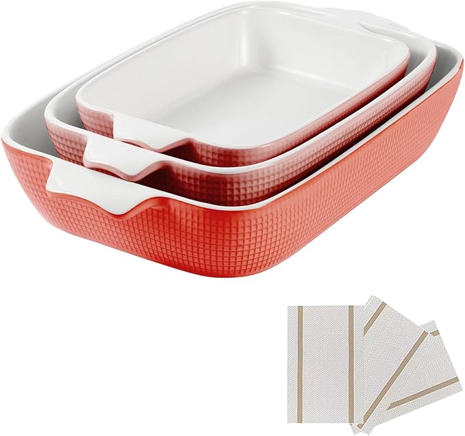 Ceramic Casserole Dishes Set of 3, Stoneware Baking Pans for Oven, Rectangular Lasagna Dish & Bakeware Set, Red (14.7’’/12.4’’/10.3’’)