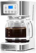 Taylor Swoden 12-Cup Programmable Coffee Maker, Regular & Strong Brew Drip Coffee Machine for Home and Office, Glass Carafe, Pause & Serve, Auto Shut Off, White & Stainless Steel