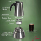 6 Cup Stovetop Espresso Maker Matte Stainless Steel Moka Pot Italian and Cuban Mocha Coffee Maker, Compatible with Gas, Electric, Ceramic, and Induction stovetops(10 fl oz/300 ml)