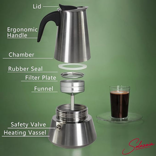 12 Cup Stovetop Espresso Maker Matte Stainless Steel Moka Pot Italian and Cuban Mocha Coffee Maker, Compatible with Gas, Electric, Ceramic, and Induction stovetops(20 fl oz/600 ml)