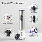 Rechargeable Wine Opener by ELMWAY, Electric Wine Bottle Opener with Foil Cutter, LED Light and Stainless Steel Shell, Cordless Corkscrew & Cork Remover, Gifts for Wine lover- Silver