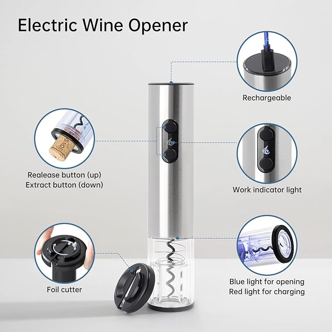 Rechargeable Wine Opener by ELMWAY, Electric Wine Bottle Opener with Foil Cutter, LED Light and Stainless Steel Shell, Cordless Corkscrew & Cork Remover, Gifts for Wine lover- Silver