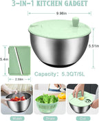 5.3QT Salad Spinner Large,Stainless Steel Lettuce Spinner,Fruit Vegetables Wash Bowl with 5 Blade Slicer,Egg Yolk Strainer Slicer Shredder,Kitchen Colander for Salad Make and Food Washing