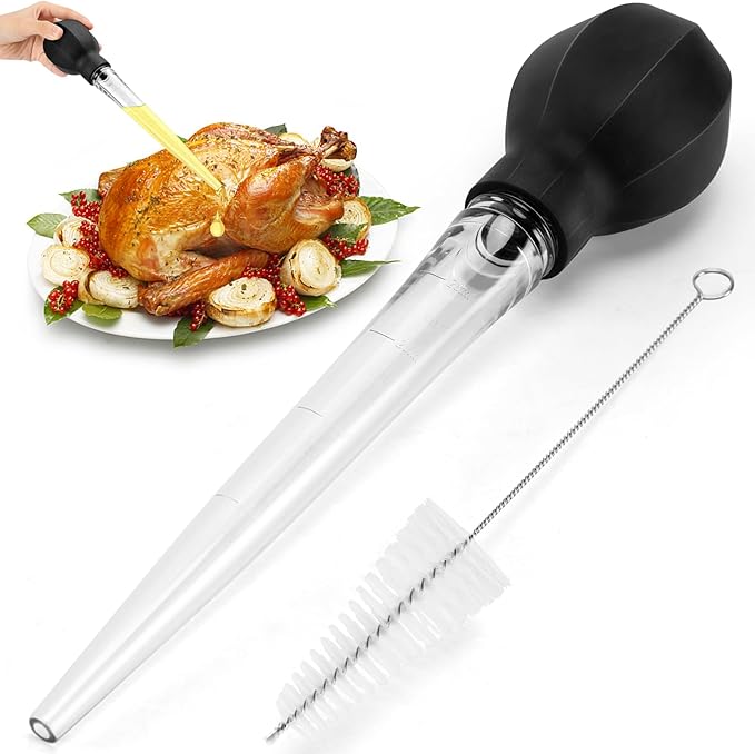 SCHVUBENR Large Turkey Baster with Cleaning Brush - Premium Baster Tool for Cooking - Easy to Use & Clean - Powerful Bulb Baster Syringe - Dishwasher Safe - Thanksgiving, Christmas Essentials - Black