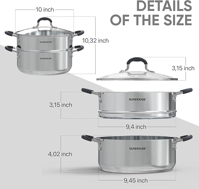SUNHOUSE - 4.6 Quart Steamer Pots with Lid 2-Tier Multipurpose Stainless Steel Steaming Pot Cookware with Handle for Vegetable, Dumpling, Sauce, Food - Triple Bottom, Measurement Line