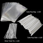 360 PCS Cake Pop Sticks and Wrappers Ties Kit, Including 120ct 6-inch Paper Lollipop Sticks, 120ct Cake Pop Parcel Bags, 100ct Silver Twist Ties for Candy Making Packaging Supplies