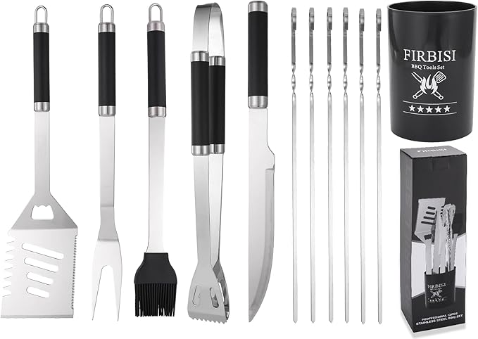 BBQ Grilling Tools Set,12pcs Grilling Accessories Kit for Men Gift, BBQ Grill Utensils Gift Kit with Storage Bucket BBQ Tools Grill Tools Set for Outdoor Grill (Black)