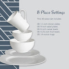 Mikasa Delray 40-Piece Bone China Dinnerware Set, White Round Dishes for 8 - Dinner Plates, Salad Plates, Cereal Bowls, Fruit Bowls and Mugs