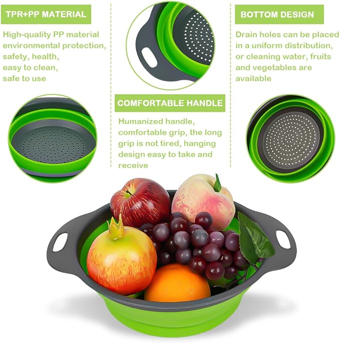 AUAUY 2 Pack Collapsible Colander Set, Round Silicone Folding Collapsible Strainers with Plastic Handles, Eco-Friendly Food Strainer for Kitchen Draining Pasta Vegetables Fruits-1 Large and 1 Small