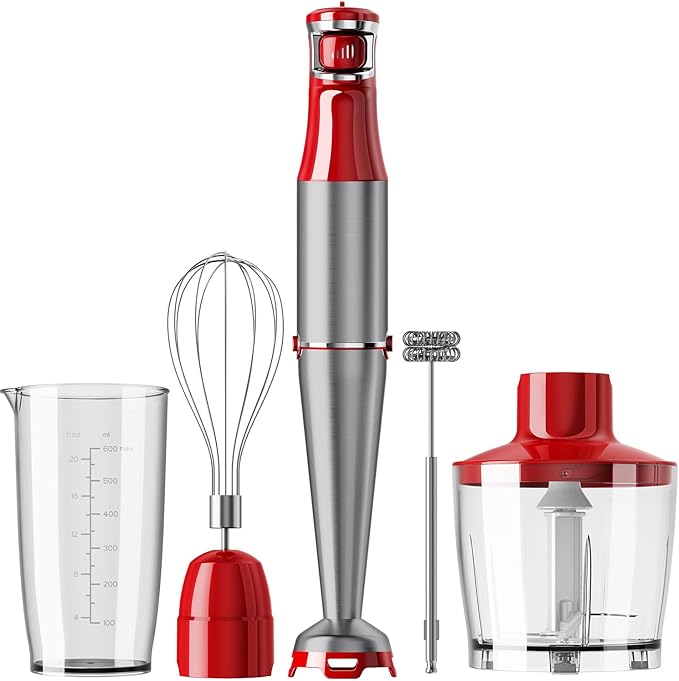 Immersion Blender Handheld Corded Hand Blenders Set 1100W, Trigger Variable Speed 5 in 1 Stick Emulsifier with Chopper, Whisk and Frother for Soup, Baby Food and Smoothies, Christmas red