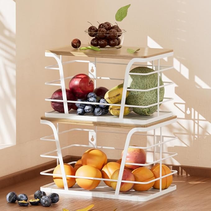 2 Pack Kitchen Organization for Onions,Potatoes - Fruit Basket for Kitchen Counter & Storage Basket,Stackable Storage Bins with Bamboo Top & Lightweight PP Mat,White