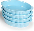 LEETOYI Porcelain Small Oval Au Gratin Pans,Set of 4 Baking Dish Set for 1 or 2 person servings, Bakeware with Double Handle for Kitchen and Home, Turquoise