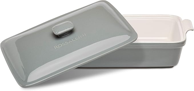 ROSSALLINI Stoneware Casserole Dish Bakeware Set with Lid, Covered Rectangular Dinnerware, Extra Large 4.23 Quart, 13 by 9 Inch, Grigio [Grey]