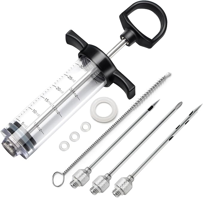 Tri-Sworker Plastic Meat Injector Kit for Smoker with 3 Flavor Food Syringe Needles, Ideal for Injecting Marinade into Turkey, Meat, Brisket; 1-OZ; Including Paper User Manual, Recipe E-Book (PDF)