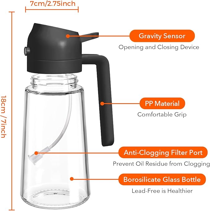 YARRAMATE 2Pcs 16oz/470ml Olive Oil Dispenser, Food-grade 2 in 1 Oil Glass Sprayer for Cooking, Kitchen, Air Fryer, Salad, Frying, BBQ (Black)