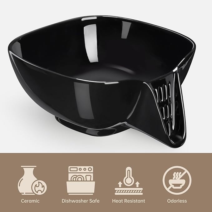NiHome Ceramic Food Strainer with Integrated Drain Spout, Large Capacity Colander Bowl for Vegetables, Fruits, Pasta & More, Heat-Resistant, Crack-Proof, Easy to Clean, Dishwasher-Safe (Black)