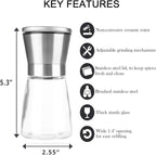 Salt and Pepper Grinder Set of 2, Premium Stainless Steel Spice Mill with Adjustable Coarseness, Ceramic Blades, Refillable Glass Body with 60Z capacity