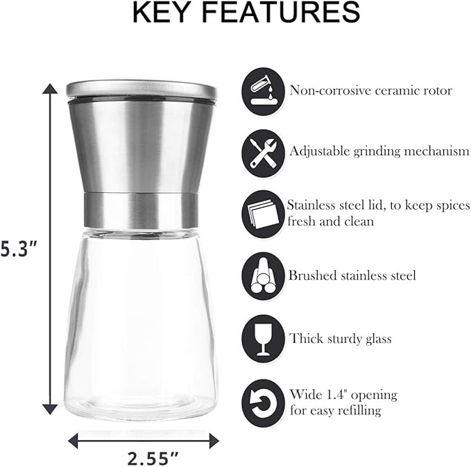 Salt and Pepper Grinder Set of 2, Premium Stainless Steel Spice Mill with Adjustable Coarseness, Ceramic Blades, Refillable Glass Body with 60Z capacity
