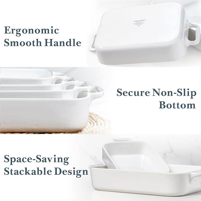 ONEMORE Casserole Dishes for Oven,9.5"x15.4" Baking Dishes Set of 4,Ceramic Bakeware Sets with Handles for Cooking, Baking,Serving, Wedding and Gifting, Baking Pan White , Microwave & Dishwasher Safe(7.5"/11.2"/13.4"/15.4")