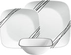 Corelle Dinnerware Set (12pc, Simple Sketch)-Dinner for 4 Includes x: Dinner Plates, Side & Bowls 3 X More Durable, Half The Space Weight of Ceramic up to 80% Recycled Glass, 1146920