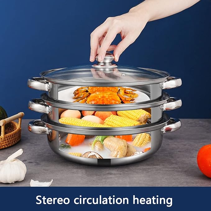 Steamer Pot for Cooking 11 inch, Steamer Pots 3-tier Multipurpose Stainless Steel Steam Pot Cookware with Handle for Vegetable