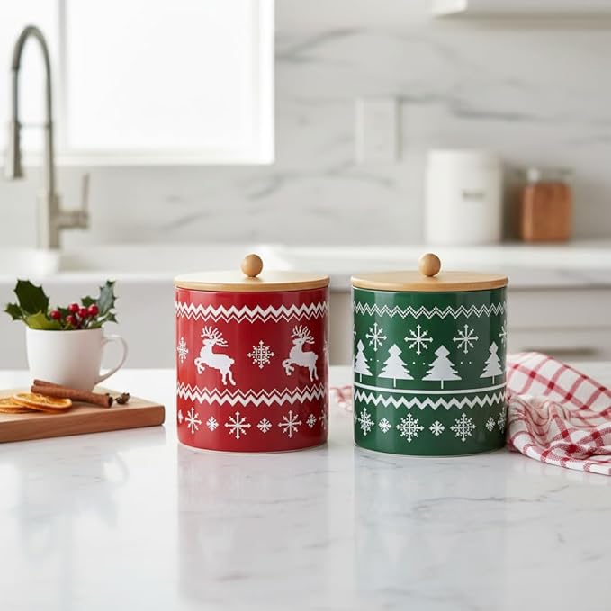 Young's Ceramic Christmas Cookie & Goodie Jar with Airtight Wooden Lid,Set of 2 – Festive Red & Green Holiday Treat Storage for Cookies, Candy, Snacks, and Winter Kitchen Decor,7 Inch