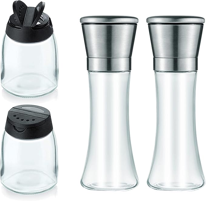 Salt and Pepper Grinder Set Combo - Two Free Spice Jars - Black Pepper,Herb Shakers Mill Refillable Manual - Stainless Steel - Adjustable Coarseness - Glass Material - Fits in Home,Kitchen,Barbecue