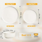 EWFEN Plates and Bowls Sets, 12 Pieces Ceramic Dinnerware Set for 4, Stoneware Dishware Dishes Set, Scratch Resistant Dishes Set, Dishwasher & Microwave Safe, White