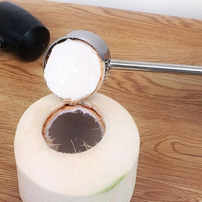 FOMIYES Coconuts Opener Set 2pcs Stainless Steel Coconut Shell Opening Tool with Mallet Hammer Kitchen Gadget for Home Cooking and Outdoor Use