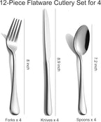 12-Piece Silverware Set for 4 - Stainless Steel Flatware Cutlery Set Service for 4, Mirror Polished Flatware Set Include Forks Spoons Knives for Home, Wedding, Restaurant, Dishwasher Safe