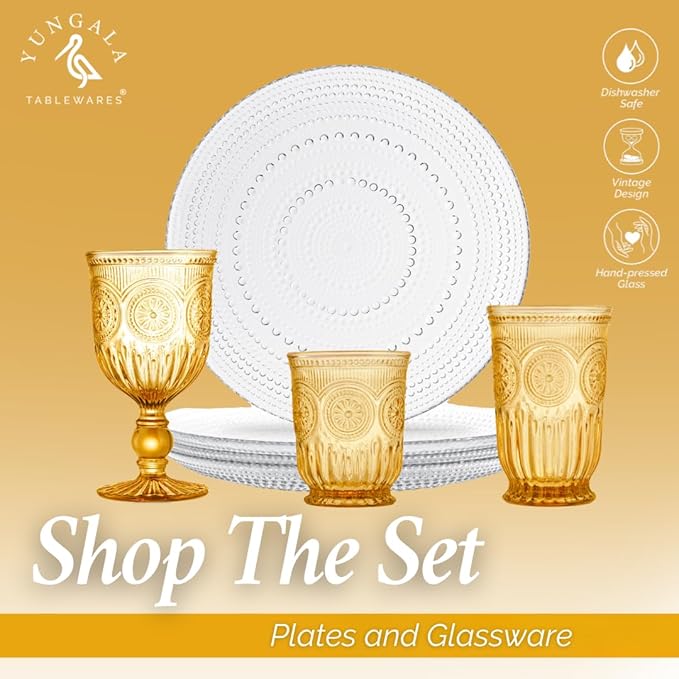 Yungala Amber Highball Glasses Set of 6 10 oz Vintage Hobnail Tall Drinking Glasses