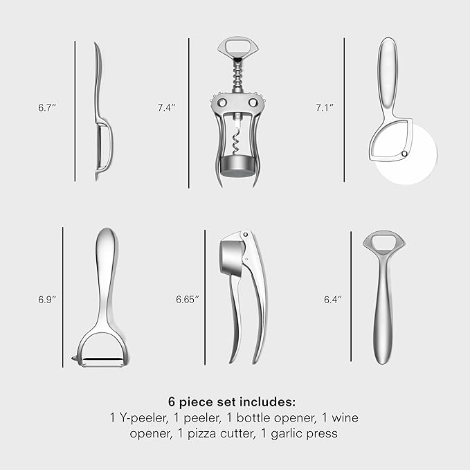 Public Goods Kitchen Tool Set | 6 Piece Kitchen Utensil Set | Includes Y-Peeler, Peeler, Bottle Opener, Wine Opener, Pizza Cutter, and Garlic Press | Plastic-Free, Dishwasher Safe Gadget Essentials