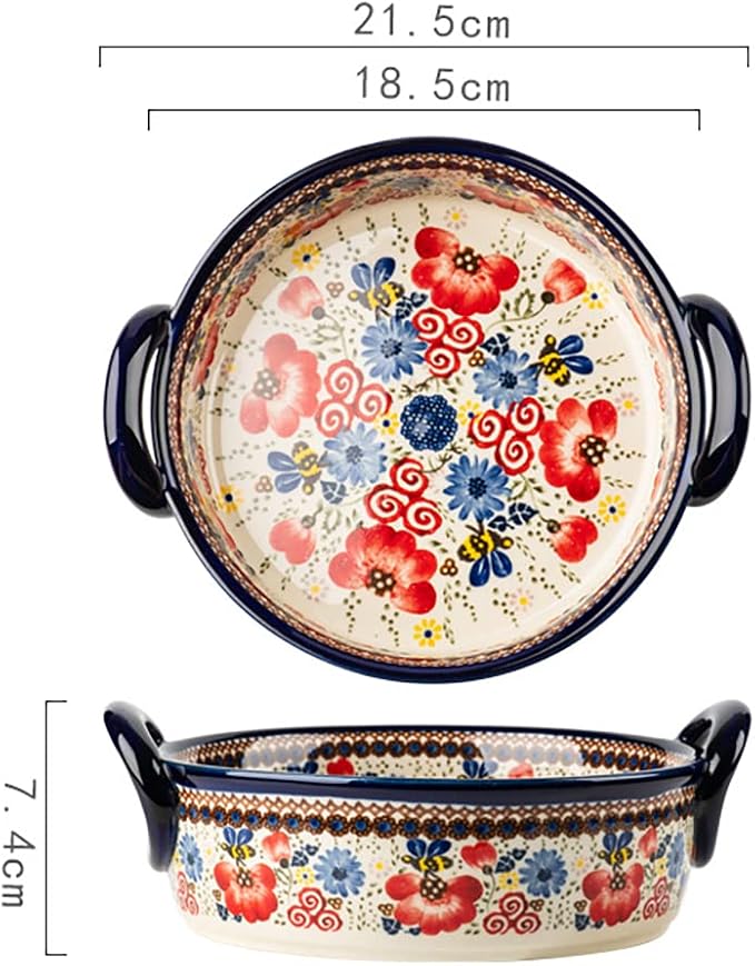 Vintage Flowers Style Ceramic Bakeware Casserole Dish Baking Pan Lasagna Pans Baking Dish with Handles for Oven/Cooking/Kitchen-1 PCS-Red Flowers-32 OZ