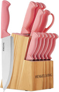 Knife Set, 14-Piece Kitchen Knives Set with Block, Built-in Sharpener, German High Carbon Stainless Steel, Ergonomic Non-Slip Handles, Peach Pink