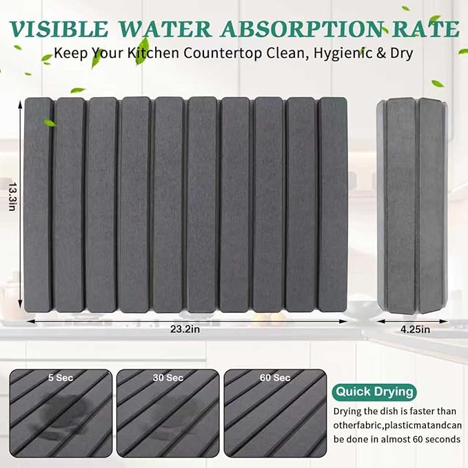 Stone Dish Drying Mat for Kitchen Counter, 24''×15'' Dishes Drying Matt Kitchen Counter, Absorbent Diatomaceous Earth Bath Quick Dry Mats for Tableware, Bottles and Cup (Dark Grey)