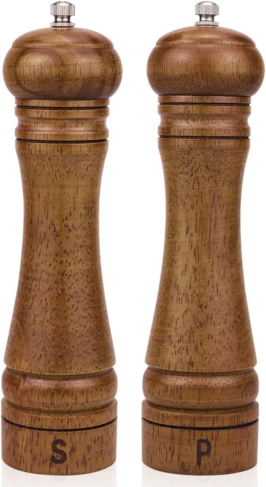XWXO Wood Salt and Pepper Grinder Set, Salt Mill Pepper Grinder Set, Pepper Mill, Salt Shakers with Adjustable Ceramic Rotor- Oak Wood Pepper Grinder for Your Kitchen 8 inches - Pack of 2
